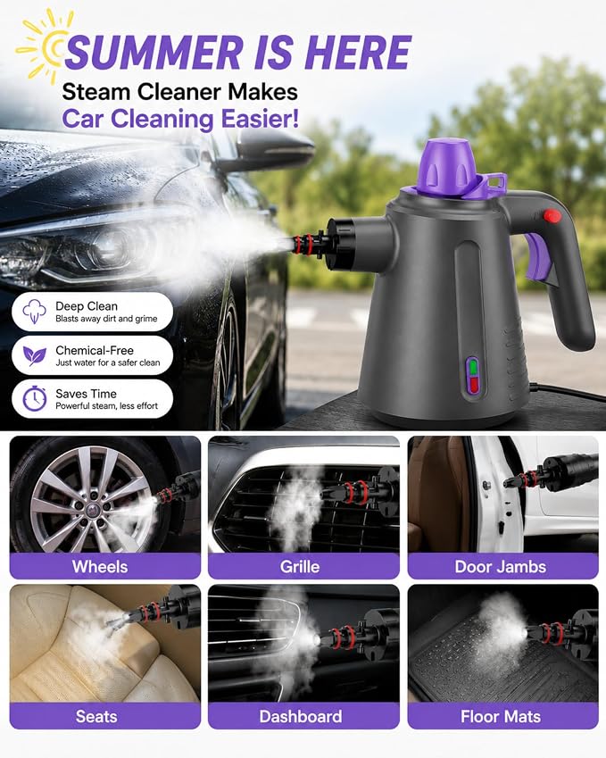 Handheld Steam Cleaner for Home, Steamer for Cleaning Purple | Upholstery Bed Furniture Couch Carpet Car Pressurized Multi Purpose 14 Accessories & Safety Lock, Small Container for Grease