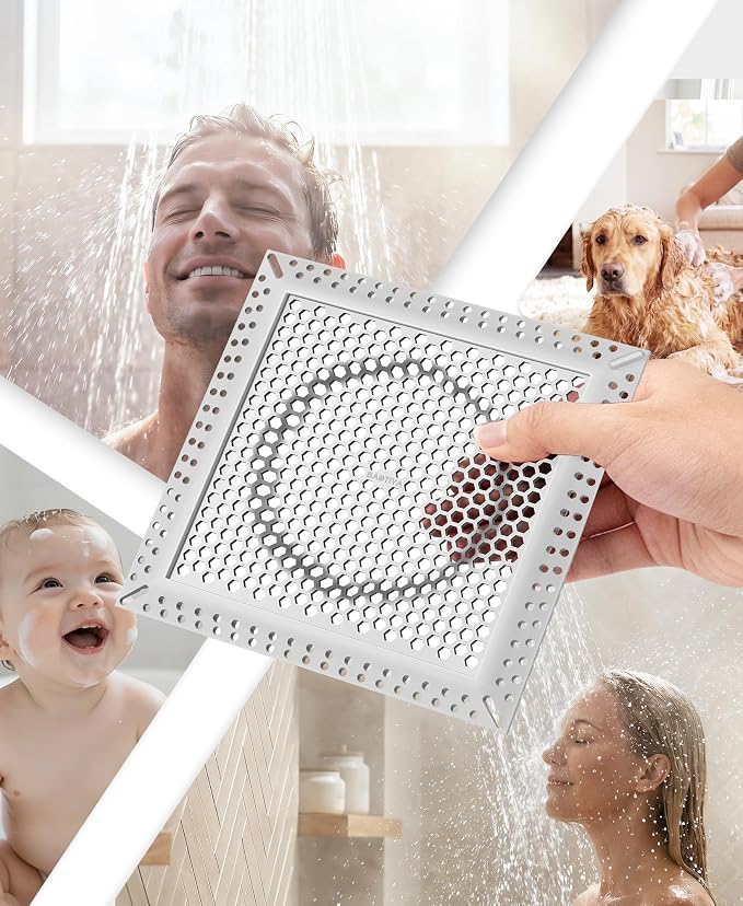 Square Shower Drain Hair Catcher, Flat Shower Drain Hair Catcher, Anti-Clogging Fast Drainage, Anti-Slip & Stays in Place, Easy Clean Fits Bathroom Hair Catcher for Shower (Gray, 6 inch)