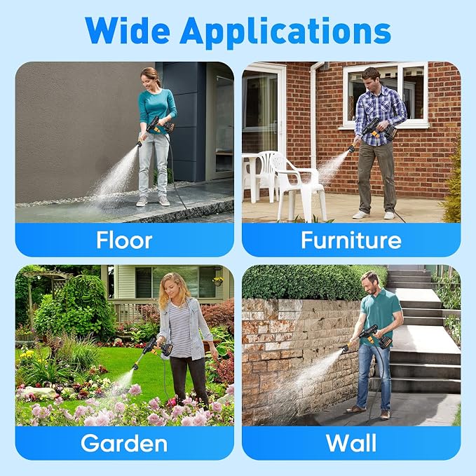 Portable Cordless 600PSI Pressure Washer, 6-in-1 Nozzle with Jet Nozzles | 21V 2x3.0Ah Batteries Handheld Car Powered Washer with Battery Level Display for Car Floor Wall Fence Garden Cleaning