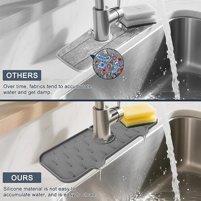 Kitchen Faucet Sink Splash Guard, Silicone Water Catcher Mat – Sink Draining Pad Behind Faucet, Grey Rubber Drying Mat for Kitchen & Bathroom Countertop Protect