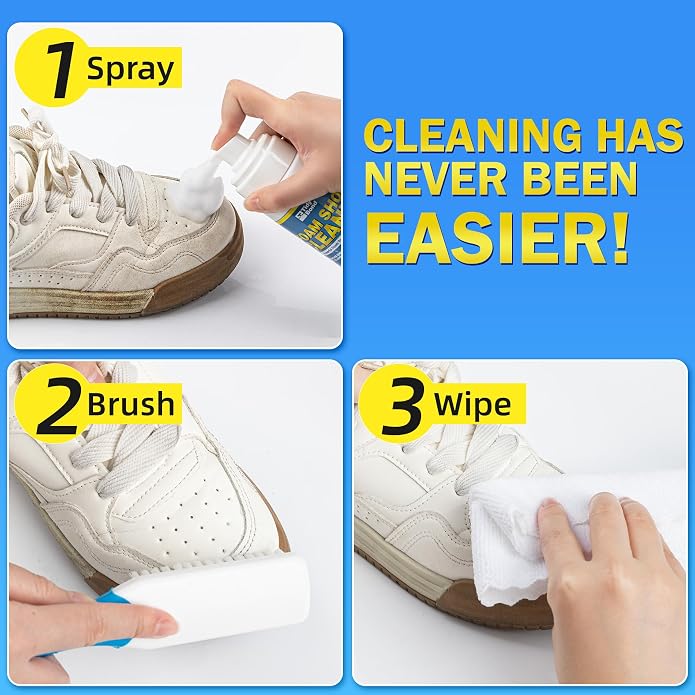 Shoe Cleaner Kit – Foam Cleaner for White Shoes & Sneakers, 6.76 fl oz | Fast Dirt And Stain Removal, Anti-Yellowing Care For Leather, Canvas, Mesh, Knit And Rubber, Brush & Towel Included