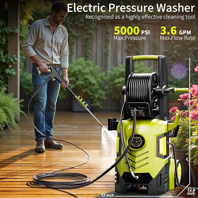 2026Upgraded Pressure Washer 5000PSI with Adjustable Touch Screen 8 Level, 34" Tall, 4 Quick Connect Nozzles,Inlet Hose&Filter&500mlFoam Cannon for Cars/Fences/Driveways/Home Cleaning,Yellow