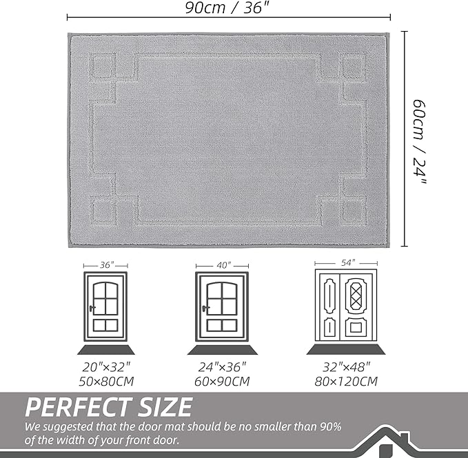 BEQHAUSE Door Mat 24" x 36", Non-Slip Door Mats Indoor Entryway Rugs Washable Low-Profile Absorbent and Stain Resist Floor Mats, Dog Door Mat for Front Back Door, Muddy Wet Shoes & Paws, Light Grey
