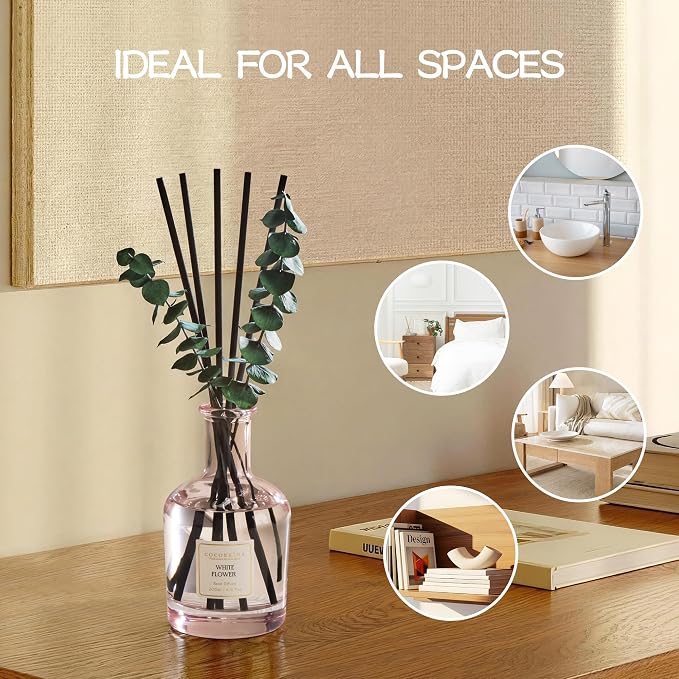 White Flower Reed Diffuser, 6.76 oz | Real Dried Eucalyptus Leaves, 8 Reeds, Long-Lasting Essential Oil, Home Fragrance, Bedroom or Bathroom Décor