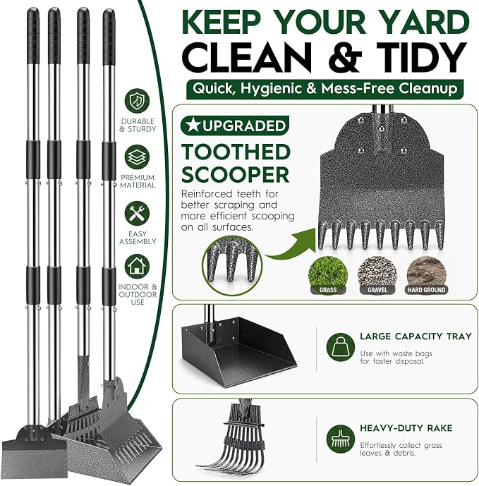 Dog Pooper Scooper for Large Dogs，10.25"X9.26" Extra Large Tray | Free with three extension rods, Reduce the frequency of garbage trips, for Large, Medium, Small Dogs & Multi-Dog Households