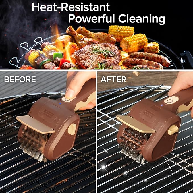 Electric Grill Brush for Outdoor Grill, Electric BBQ Grill Cleaner | Rechargeable Electric BBQ Grill Cleaning Stainless Steel Brush, Grill Scraper, BBQ Accessories Brown