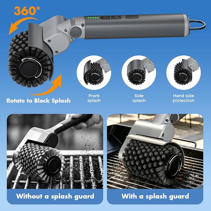 Electric Grill Brush, Cordless BBQ Cleaner, 3-Speed & Angle Adjustable, 3-in-1 Kit with Gloves, Reinforced Bristles, 150Mins Runtime, Removable & Dishwasher Safe for Outdoor BBQ Grates (Light Gray)