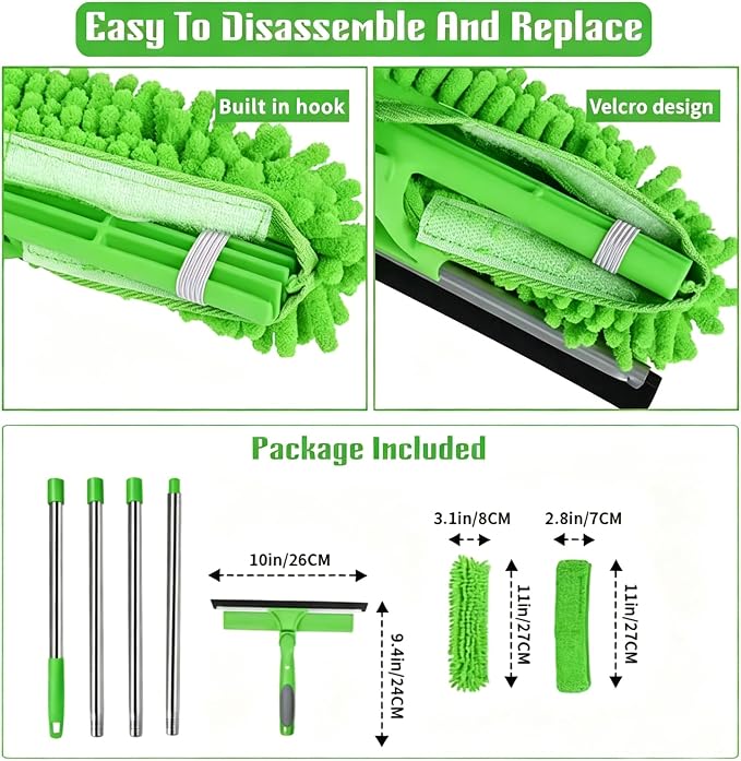 2-in-1 Window Cleaner Tool, 68'' Squeegee for Window Cleaning | Extension Pole, Scrubber with Rotating Head, Streak-Free Squeegee, Thickened Stainless Steel, In/Outdoor Washing Equipment