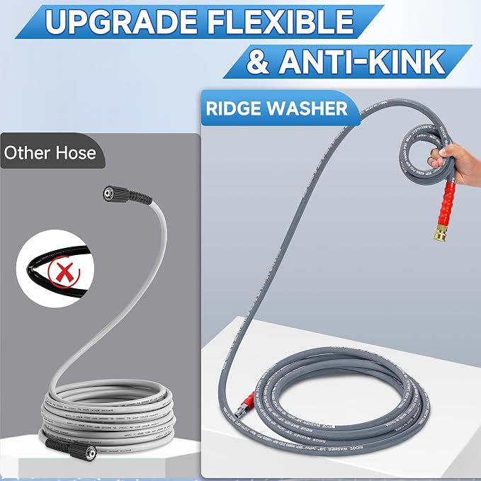 RIDGE WASHER Pressure Washer Hose 25 Ft, 4000 PSI, M22 14 mm Fitting | Power Washer Hose with 3/8 Inch Quick Connect for Hot and Cold Water, Gray Non Marking Hoses