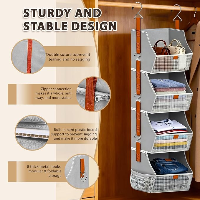Fabric Hanging Closet Clothes Organizers and Storage Detachable 4 Tier | Hanging Clothes Organizers for Bedroom,Dorm,RV,,Camper,See Through Front Panel,Space-Saving,Can Be Separated Individually