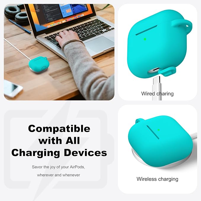 Compatible with AirPods 3 Case Cover, Silicone Protective Accessories Skin with Keychain Compatible with Apple AirPod 3rd Generation 2021 for Women Men Girls Boys,Front LED Visible,Teal