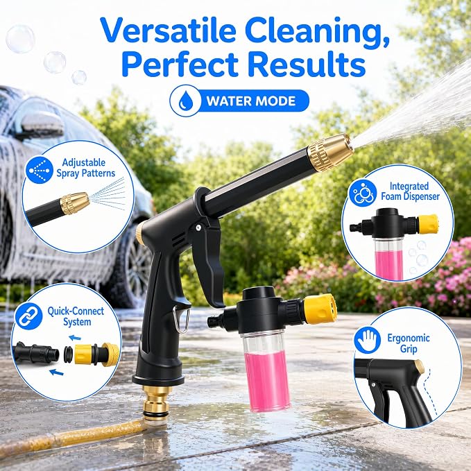 High Pressure Power Washer Wand, 3 Adjustable Spray Heads & Foam Sprayer, Garden Hose Nozzle Attachment for Car Yard Patio Outdoor Cleaning (1)