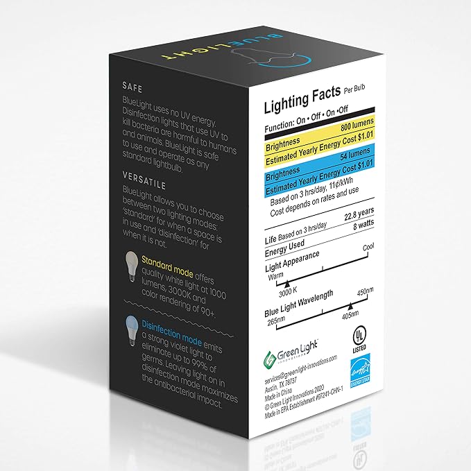 GLI Blue Light Germicidal Light Bulb – 100% Safe Non-UV - Switches from Sanitizer to Std 800 Lumens Bulb – Portable Disinfection, Screws into Any E26 Socket – Kills 99% Germs & Pathogens – Ozone Free