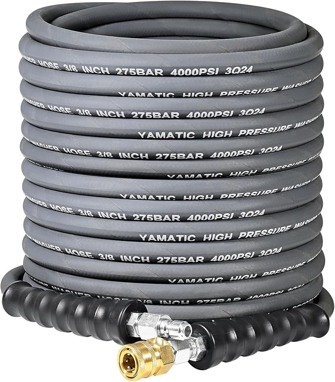 YAMATIC 3/8" ID Pressure Washer Hose 50 FT, 4000 PSI, Kink-Resistant 3/8Inch Swivel Quick Connect, Non-Marking Rubber Jacket, Steel Wire Braided, Hot Water 212°F Replacement Power Washer Hose