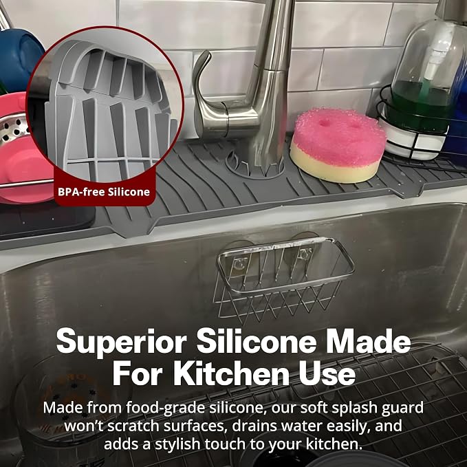 ODRAGO Silicone Kitchen Sink Splash Guard - 24.01 Inch Faucet Mat for Kitchen Sink Water - Longer Faucet Handle Drip Catcher Tray-Sink Guard for Kitchen Sink (Grey)