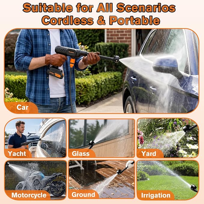 Cordless Pressure Washer, 900PSI Portable Power Washer with 6-in-1 Nozzle | Water Pressure Washer with Charge & 2*21V Batteries, Electric Power Cleaner for Car Wash, Garden, Patio & Home