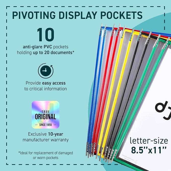 Tarifold Replacement Pivoting Pockets, Letter Size, Assorted, 10 Pack | 10 non-glare wire-reinforced polypropylene pockets hold 20 letter-size sheets, snap-on index tabs included, top-loading