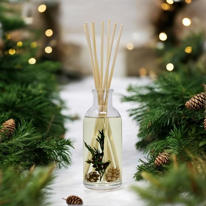 Reed Diffuser Set, Balsam Forest - Bathroom Shelf Décor | REAL Juniper and Pine cones, Fragrance notes of Fraser Fir, Evergreen, Pine, Woodsy Cedar and Sandalwood, Vegan
