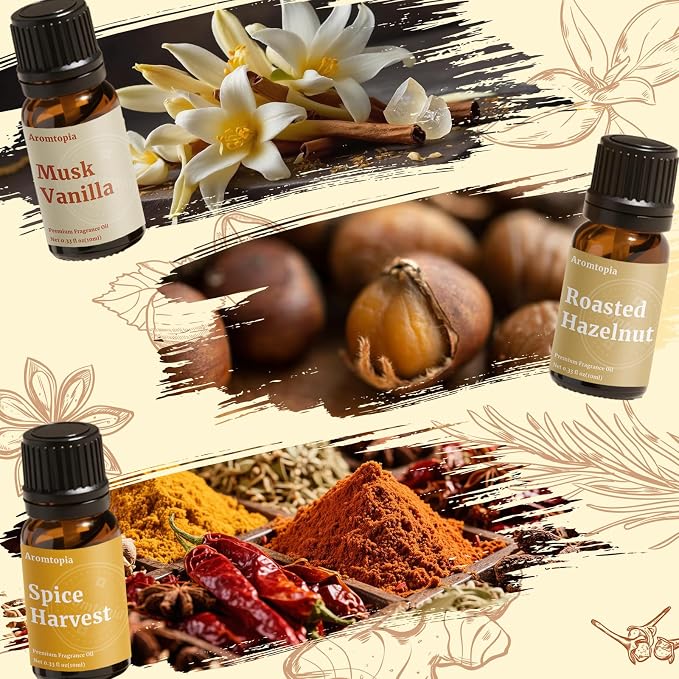 Diffuser Essential Oils, Aromtopia Fall Fragrance Oil for Candle Making, Essential Oils for Diffusers for Home, 6x10ml Autumn Set, Soap Making Scents, Pumpkin Pie, Musk Vanilla, Autumn Wildness, More