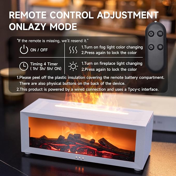 TMEHM Fireplace Flame Essential Oil Diffuser Humidifier, Aromatherapy | Ultrasonic Mist with 7 Colors and Timer for Home, Bedroom, Office, and Yoga