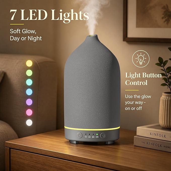 200ML Ceramic Essential Oil Diffuser for Home, Stone Diffuser | Ultrasonic Aromatherapy Diffuser & Air Humidifier for Bedroom, Office, Yoga, 7 LED Lights, Auto Shut-Off, 3 Timers, Grey