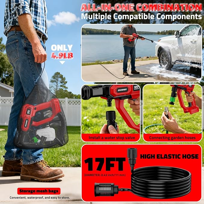 Cordless Portable Washer for Milwaukee 18V Battery, 1000 PSI Portable Handheld Washer with Brushless Motor, 6-in-1 Nozzle, 3 Level Adjustable for Car Yard Fence Wall Clean (Battery Not Included)