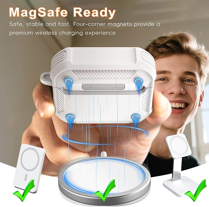 R-FUN for AirPods 4 Case with Lock Magnetic Lid MagSafe, Blue | Compatible with Apple AirPods 4th Generation Protective Case with Cleaner Kit & Carabiner, Powerful Drop Protection