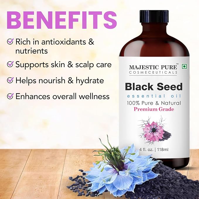 Majestic Pure Blackseed Essential Oil for Diffuser - 4 Fl Oz | 100% Natural Essentials Oils for Aromatherapy, Massage, candle making, soap making and custom essential oil blends
