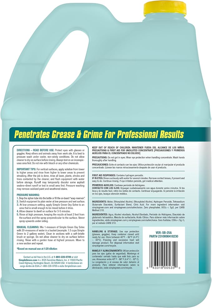 Simple Green Oxy Solve Total Outdoor Cleaner Concentrate, Pressure Washer & Manual Use, EPA Safer Choice Certified, Peroxide Cleaner for Wood, Concrete, Vinyl & More