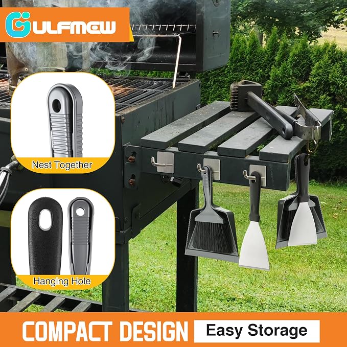 3 Piece Pellet Grill Ash Cleaning Kit, Easy to Remove Ash & Grime | Includes Large Dust Pan, Soft Bristle Brush, Metal Scraper & Wire Brush, Compact & Portable, BBQ Grill Cleaning Essential