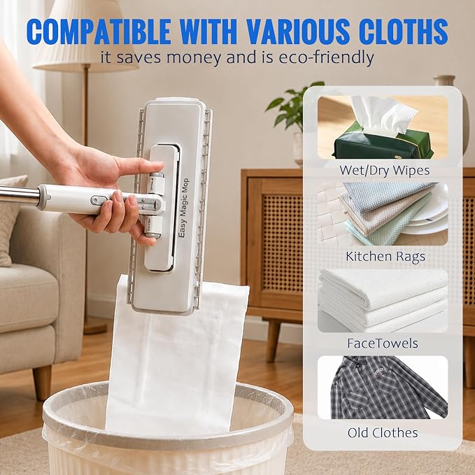 2026 Hands Free Flat Mop, 48.4 '' Snap Grip Mop with 11 Reusable Cloths, Zero Touch Dirty Cloth Release, Click Shark Tooth Mops to Use with Any Cloths, Dry and Wet Use for Whole House Cleaning