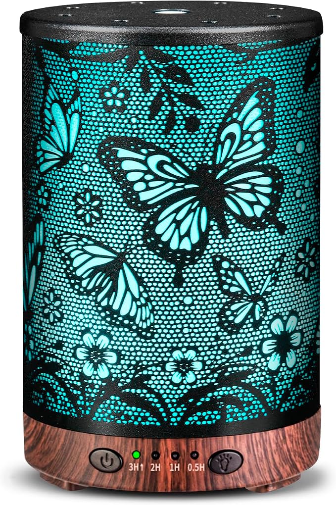 Essential Oil Diffuser 120ML Metal Aromatherapy Diffuser with Timer, Cool Mist Humidifier with Auto Shut-Off & 7 Color Lights for Home Office Spa (Big Butterfly)