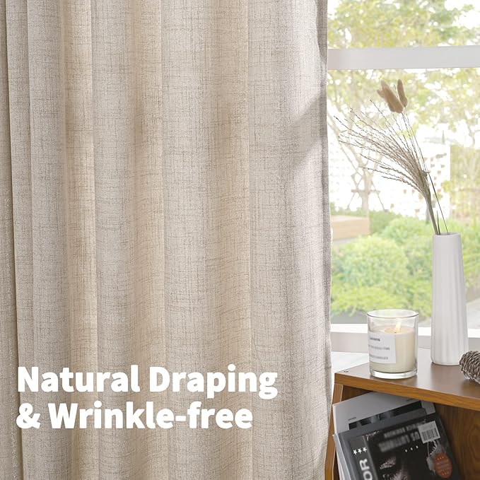 YoungsTex Natural Linen Curtains 90 Inches Long for Living Room Back Tab Textured Light Filtering Window Drapes with Ring Clips for Bedroom Dining Room, 52 X 90 Inch, 2 Panels