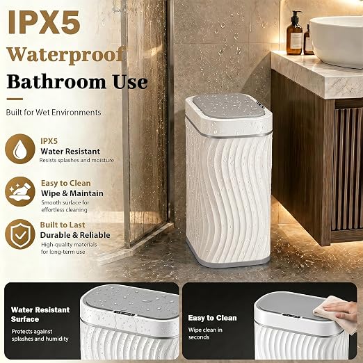 2.6 Gallon Automatic Bathroom Trash Can with Touchless Lid, White Grey | Motion Sensor Trash Can with Slim Waterproof Body; Small Plastic Garbage Can, hands-free lid for Bedroom, office, and kitchen