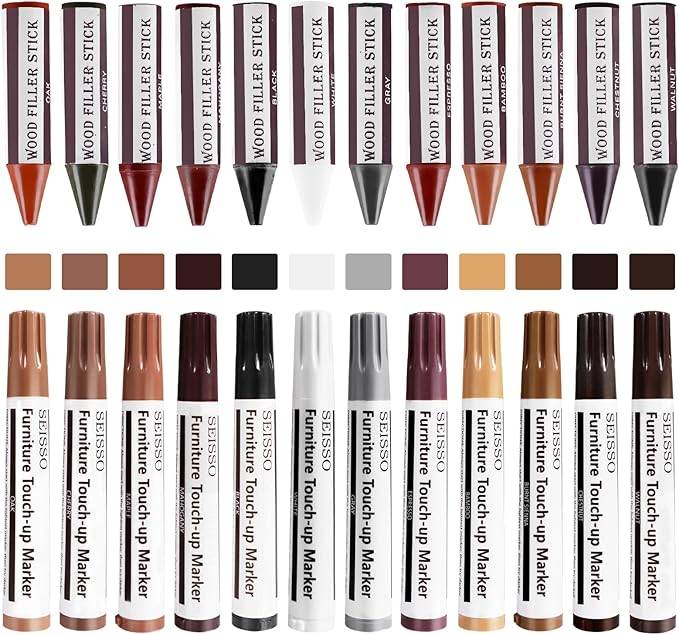 SEISSO Furniture Repair Kit, 12 Colors Furniture Touch-up Markers and Wood Fillers Sticks for Stains, Scratches, New Upgrade Furniture Touch Up Kit - Restore Wooden Table, Cabinet, Floors, Door