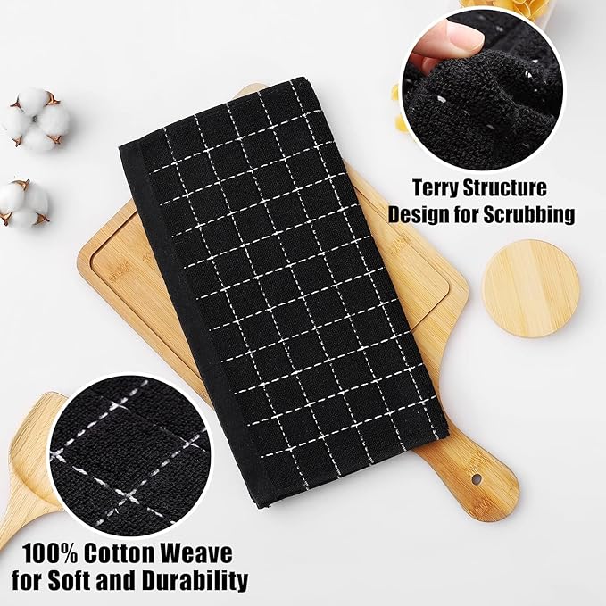 Homaxy 100% Cotton Terry Kitchen Towels(Black, 13 x 28 inches), Checkered Designed, Soft and Super Absorbent Dish Towels, 12 Pack