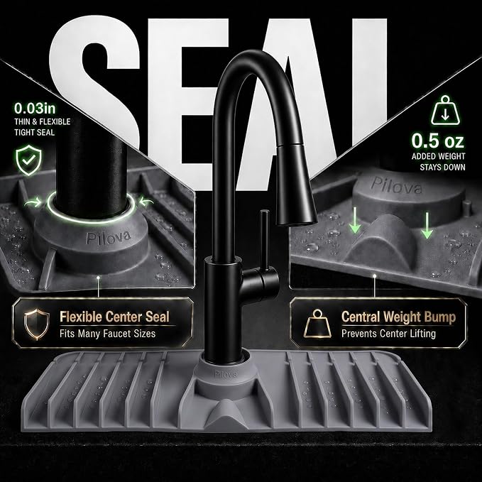 Premium Kitchen Sink Splash Guard – 18" x 5.7" Silicone Faucet Mat with Secure Pressure Clip, True 10° 3D Drainage(No Pooling), Anti-Lift Design, Flexible Leak-Sealing Ring, Non-Slip Fit Behind Faucet