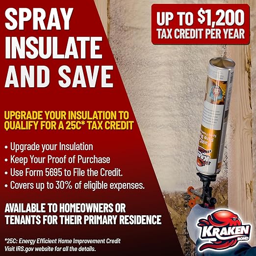 Kraken Bond Fastcoat Fire Rated Spray Foam Insulation Kit Closed Cell in a Can 240 sq ft (12x27.1 oz.) (R-Value 11.32 / 2in) - Spray Foam for Garage Door, Attic, Wall Gun & Cleaner Included, 12 Pack