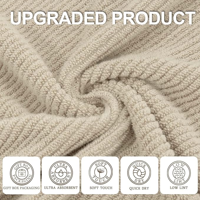 VOOVA & MOVAS Bath Towel Sets - 100% Cotton | Quick Dry | Light Weight | Thick | Soft, Beige Towels Set of 6, 2 Large Bath 30" x 56", 2 Hand 18" x 28", 2 Washcloths 13" x 13", Tan Towel Gift Set