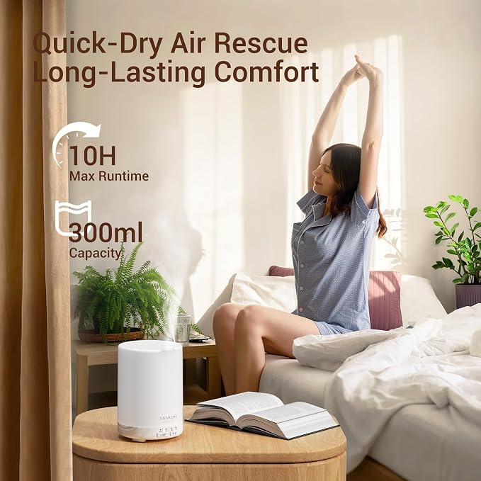 ASAKUKI Essential Oil Diffuser for Home 300 ml Quiet | Automatic Shut-Off, Aromatherapy Diffuser, 7 LED Lights for Living Room, Kitchen, Bedroom, Hotel - White Wood