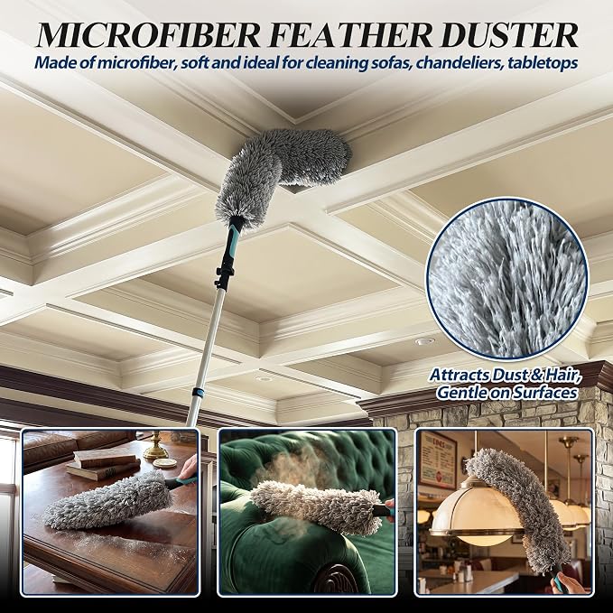 COVERONICS 25FT High Duster Cleaning Tools with 5-20FT Extension Poles | Reusable Fan Duster Cleaning Kits with Ceiling Fan Cleaner Duster, Window Squeegee, Microfiber Feather Duster & Cobweb Duster