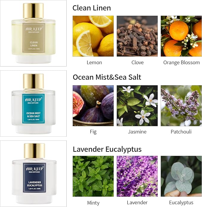 Reed Diffuser Set of 3,Clean Linen Ocean Mist&Sea Salt Lavender Eucalyptus Oil Reed Diffusers for Bedroom Living Room Office Aromatherapy Oil Reed Diffuser for Gift 50ml x 3