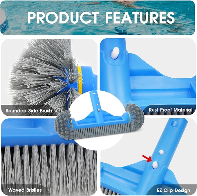 TidyMister 3PCS Pool Cleaning Kit - 12.5'' Pool Brush Round & 11'' Pool Skimmer Net Fine Mesh & 5.7 Feet Thick Aluminum Pole 5-Segment, for Above Ground & Inground Pools Ponds