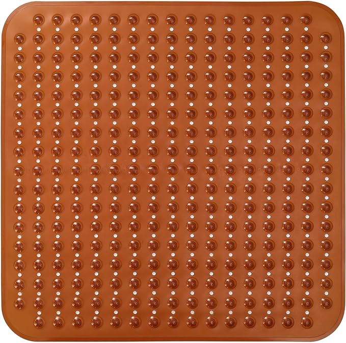 ENKOSI Extra Large Square Non Slip Shower Mat - 31 x 31-inch XL Bathroom Shower Mat - Square Shower Matts for Shower Stall Floors | Secure Suction Cups and Drain Holes (31x31 Clear Brown)