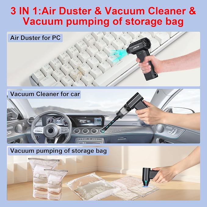 Compressed Air Duster&Vacuum Cleaner, 3-in-1 150000RPM Cordless Air Blower | Car Vacuum Cleaner with Brushless Motor Rechargeable 3-Speed,multiple nozzles for Computer Keyboard Home, Storage Bag Sealing