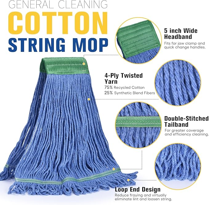 Matthew Cleaning Commercial Mop Head Replacement, 5 Inch Wide Headband, Looped End Cotton Blend String Wet Mops for Floor Cleaning, 28 oz Extra Large, 6-Pack Blue