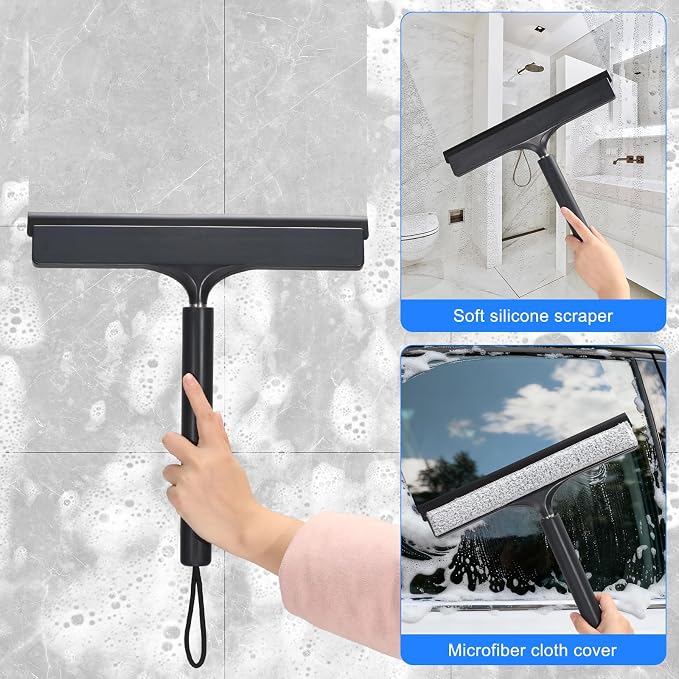 wlich Shower Squeegee with Long Handle, Telescoping Window and Floor Wiper | Silicone Blade, 9.45-48.03 In Extendable Pole, Washable Replaceable Pads, For Glass, Mirrors, Tile, Bathroom, Smooth Floors