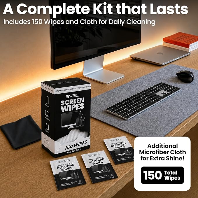 EVEO Screen Wipes (150 Pack) - Electronic Wipes, Computer Screen Cleaner Wipes for Electronics | Computer Screen Wipes Phone Wipes & Lens Wipes for PC, Laptop, Phone, Car & More - Microfiber Included