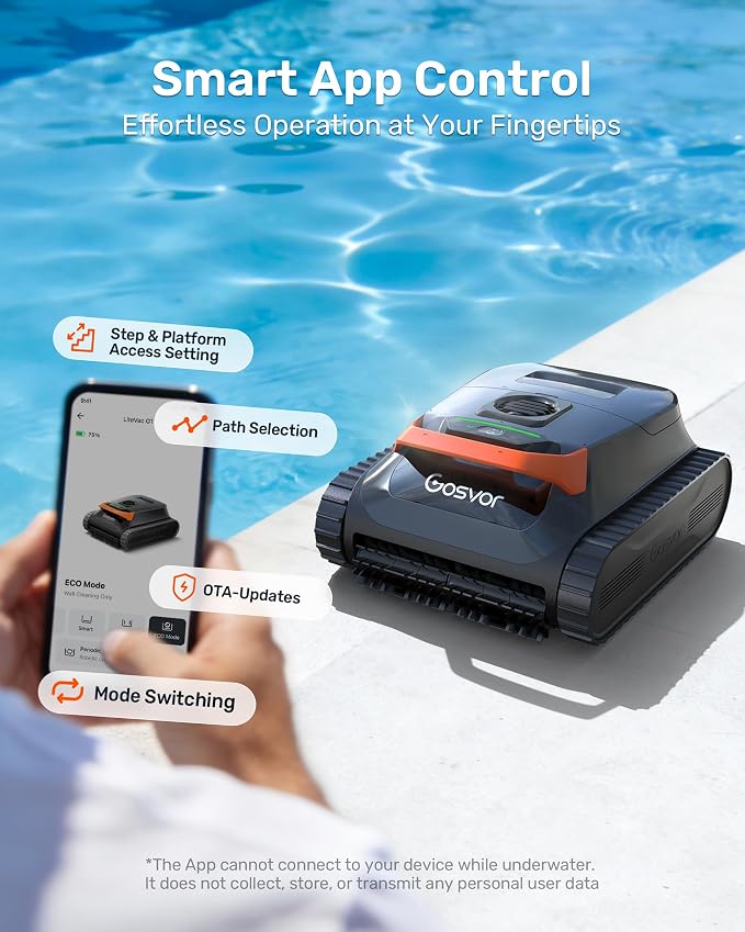 Gosvor LiteVac G1 Pool Vacuum Robot, Wall & Waterline & Platform Cleaning | Up to 200-Min Runtime, 15.2 lbs Lightweight, with Fine Filter, For Inground & Above Ground Pools, APP Support, Orange