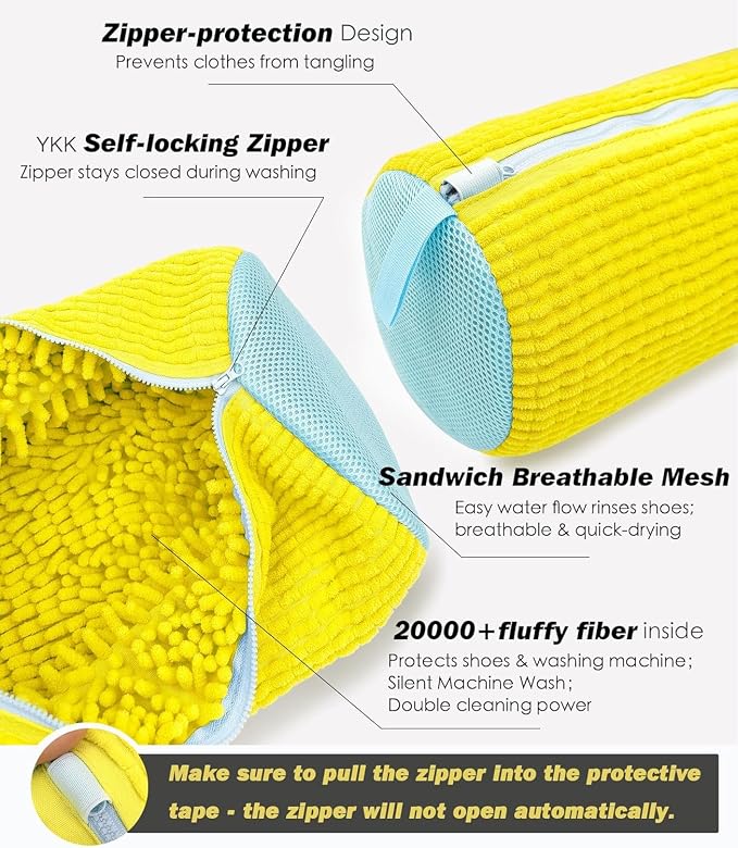 Shoe Washing Machine Bag,Laundry Shoe Bag for Washer and Dryer,Reusable Shoe Cleaning Bag for Sneakers,Tennis Shoes,With Self-locking Zipper, Microfiber Inside,Include Shoe Bag (Lite Yellow - 1 Pack)